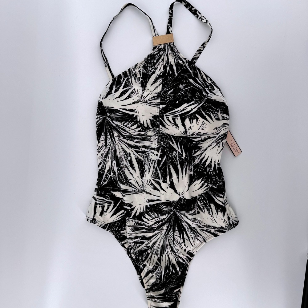 Victoria's Secret Cheeky swimsuit Women XS Black White Tropical Palm Leaf Print